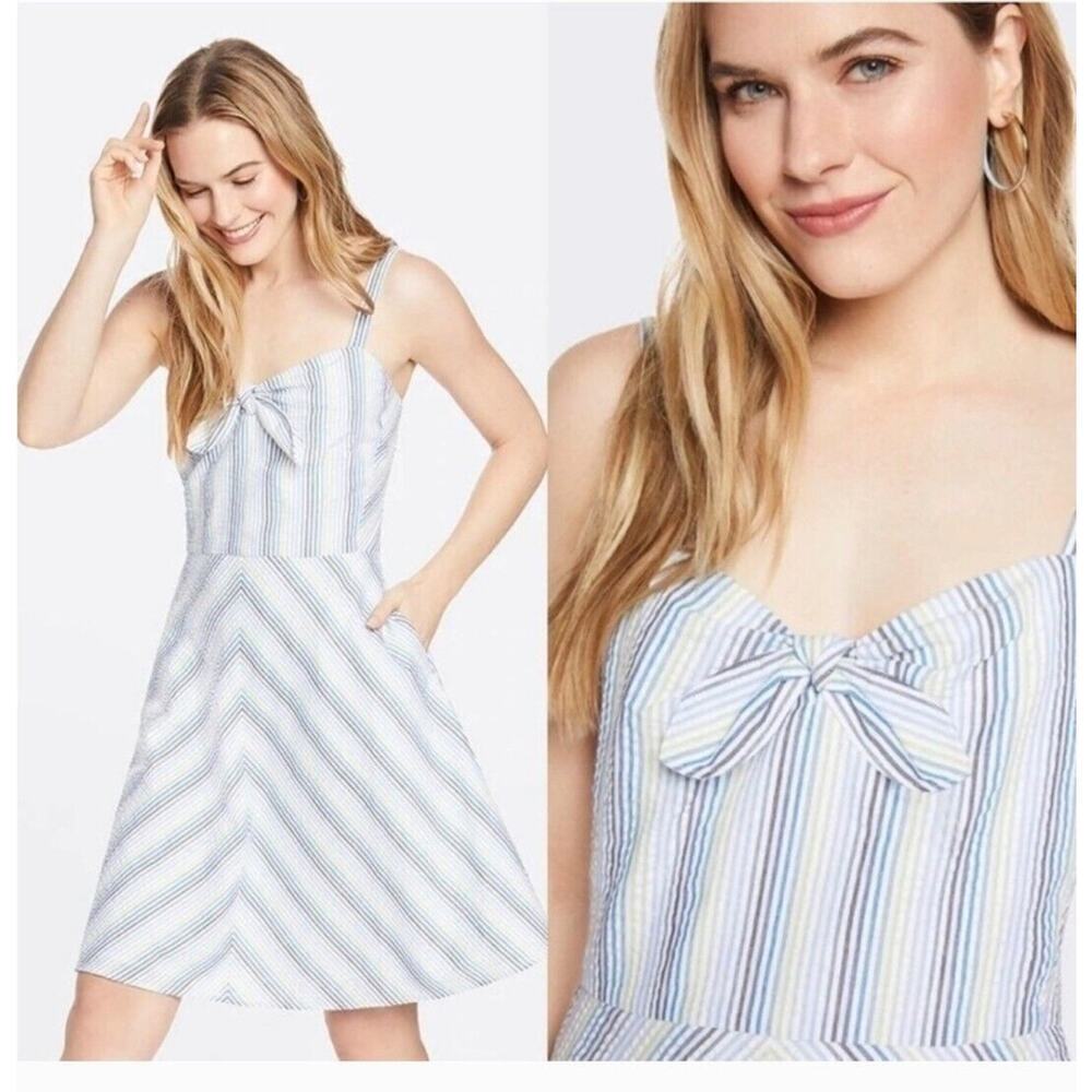 DRAPER JAMES Dress Womens Size 8 Seer Sucker Blue White striped Bow Front